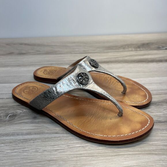 Tory Burch Sandals Cameron Size 7M Pewter Croc Embossed Leather Thong Flats - Picture 1 of 10
